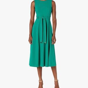 Calvin Klein Womens Sleeveless Round Neck Belted A-line Midi Dress